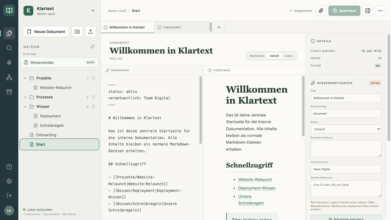 Klartext zeigt Dateistruktur, Markdown-Editor, Vorschau und Wissensmetadaten in einer gemeinsamen Arbeitsoberfläche.