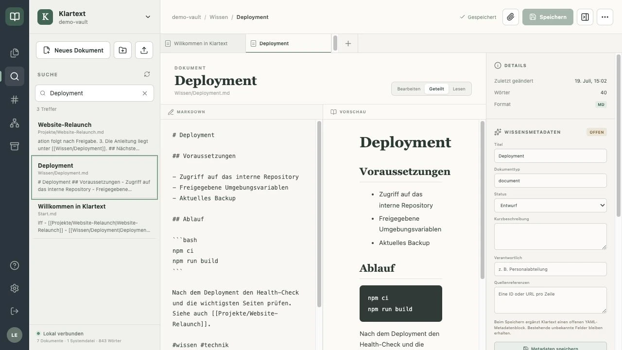 Die Volltextsuche in Klartext zeigt Treffer und öffnet das passende Dokument direkt daneben.
