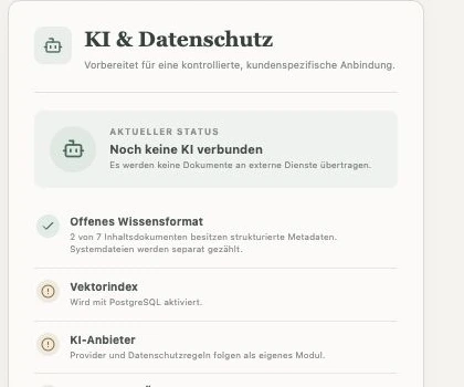 Die Administrationsansicht von Klartext zeigt den Status zu KI, Datenschutz und offenem Wissensformat.